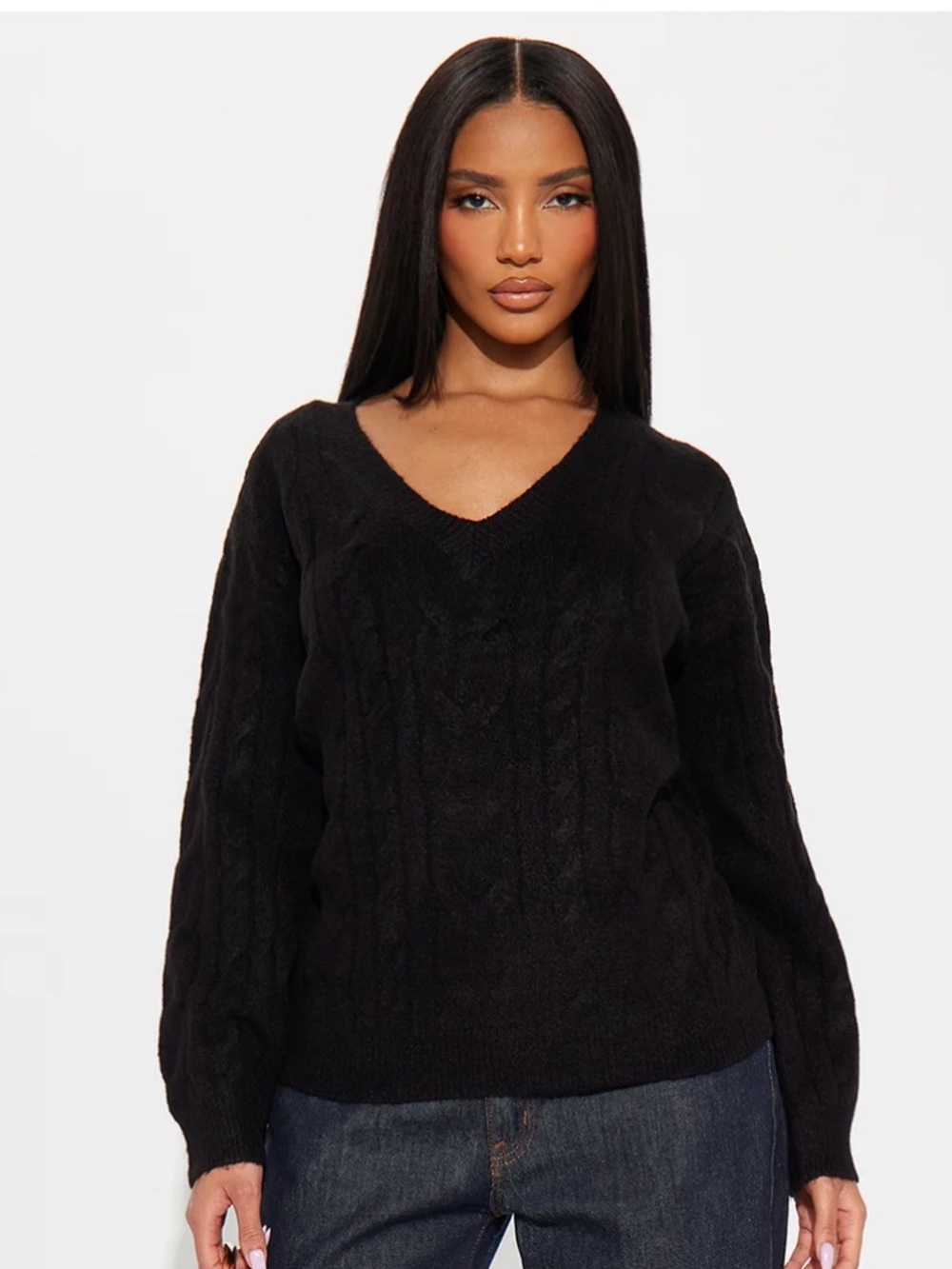 Classic Black Cable-Knit V-Neck Sweater - Women